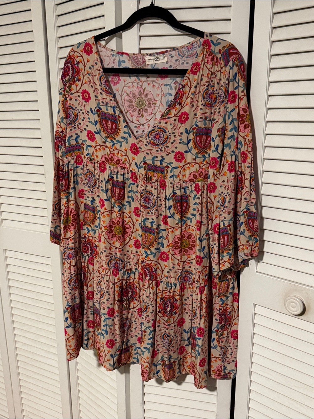 NATURAL LIFE Beige Mini Dress with Pink, Blue & Orange Floral Print